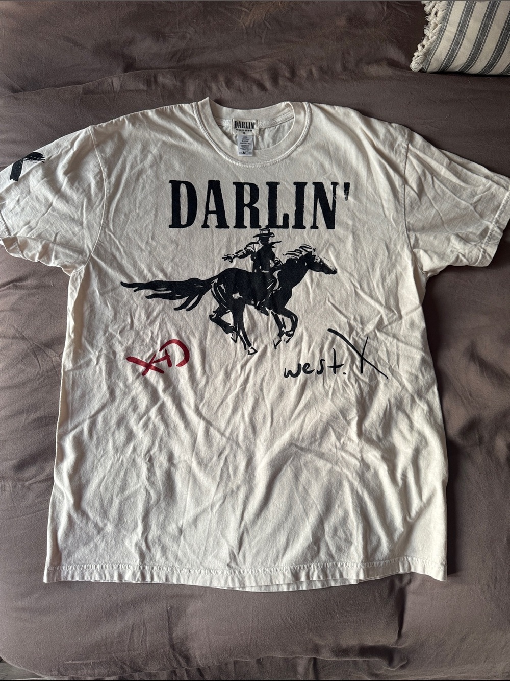 DARLIN’ Horseman Ivory Short Sleeve Tee with Red Accent